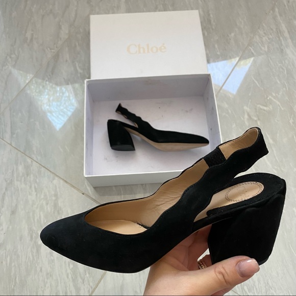 Chloe scalloped sling back suede pumps black block heel - Picture 2 of 11